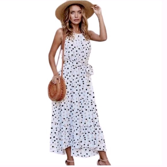 Ivory polka dot sleeveless racerback tiered ruffle hem maxi dress NWT size S - Picture 1 of 8